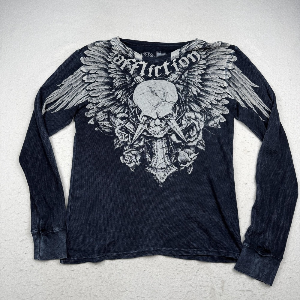 Affliction Shirt Mens Large Blue Thermal Long Sleeve Winged Skull Graphic Tee